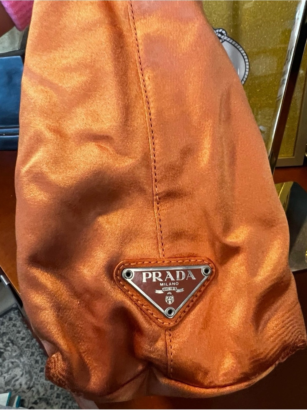 Vintage Prada Coral Orange Satin Bag Plexiglass Handle Made in Italy - Picture 5 of 11